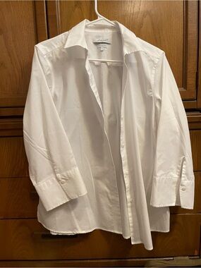 Foxcroft NYC Cotton White Dress Shirt Spread Collar 3/4 Sleeves sz L